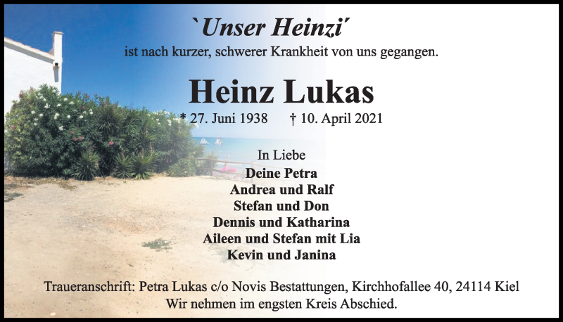  Traueranzeige für Heinz Lukas vom 17.04.2021 aus Kieler Nachrichten