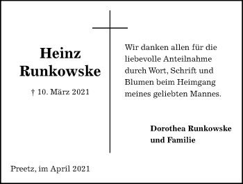 Traueranzeige von Heinz Runkowske von Kieler Nachrichten