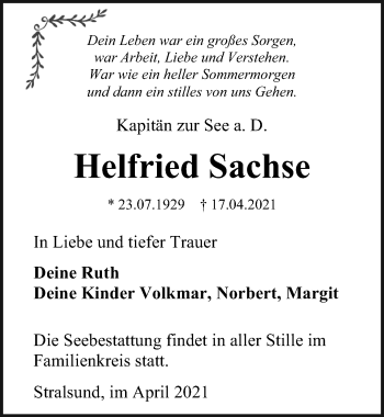 Traueranzeige von Helfried Sachse von Ostsee-Zeitung GmbH