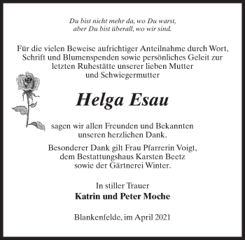 Traueranzeige von Helga Esau von Märkischen Allgemeine Zeitung