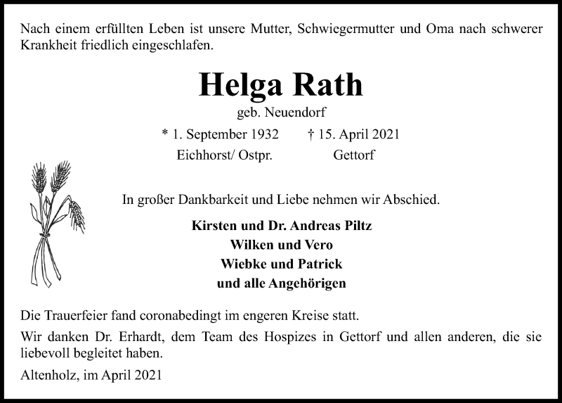 Traueranzeigen von Helga Rath | trauer-anzeigen.de