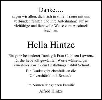 Traueranzeige von Hella Hintze von Ostsee-Zeitung GmbH