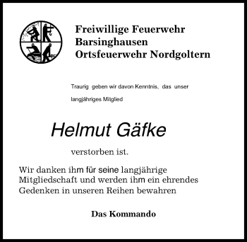Traueranzeige von Helmut Gäfke von Hannoversche Allgemeine Zeitung/Neue Presse