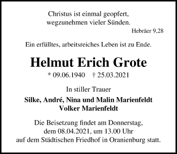Traueranzeige von Helmut Erich Grote von Märkischen Allgemeine Zeitung