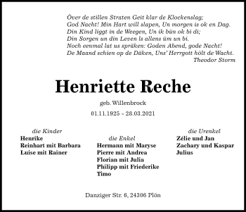 Traueranzeige von Henriette Reche von Kieler Nachrichten