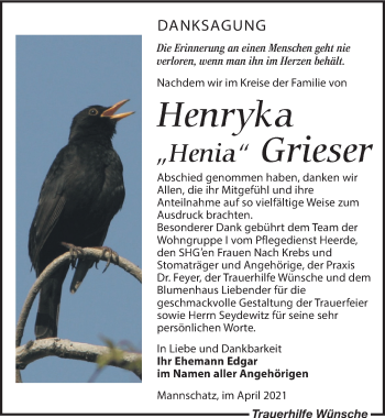 Traueranzeige von Henryka Grieser von Leipziger Volkszeitung