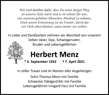 Traueranzeige von Herbert Menz von Märkischen Allgemeine Zeitung