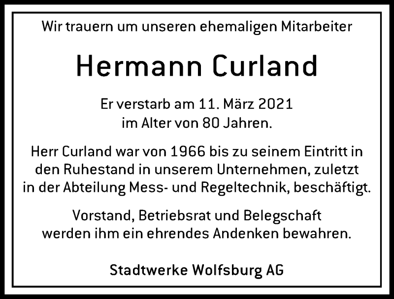  Traueranzeige für Hermann Curland vom 10.04.2021 aus Aller Zeitung