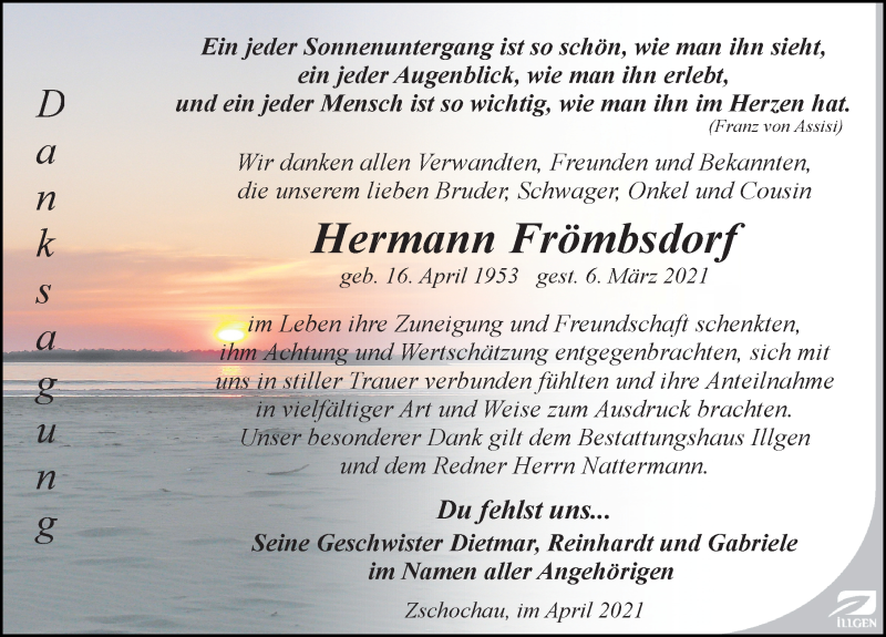  Traueranzeige für Hermann Frömbsdorf vom 24.04.2021 aus Leipziger Volkszeitung