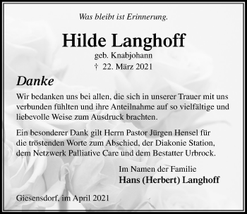 Traueranzeige von Hilde Langhoff von Lübecker Nachrichten