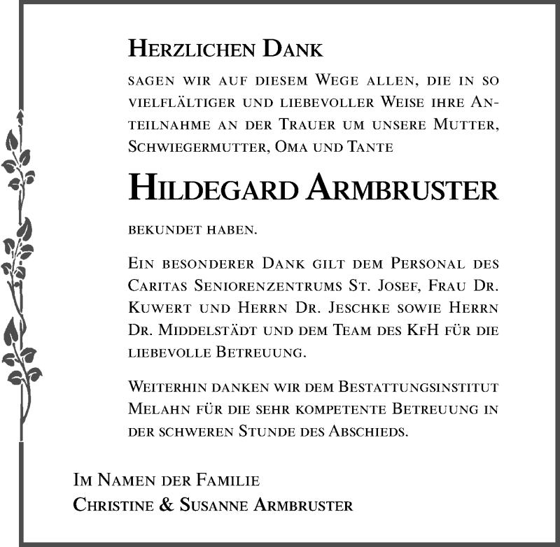  Traueranzeige für Hildegard Armbruster vom 17.04.2021 aus Ostsee-Zeitung GmbH