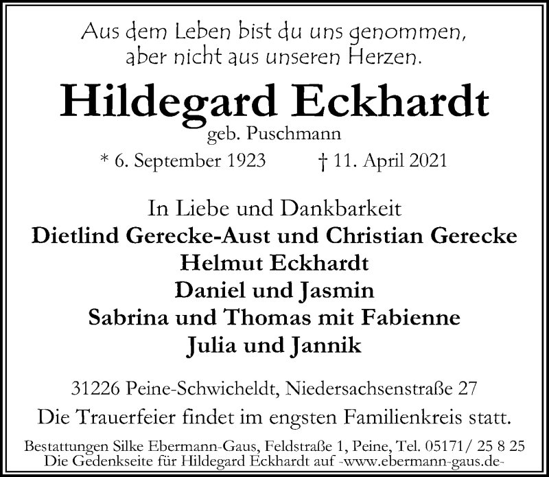  Traueranzeige für Hildegard Eckhardt vom 14.04.2021 aus Peiner Allgemeine Zeitung
