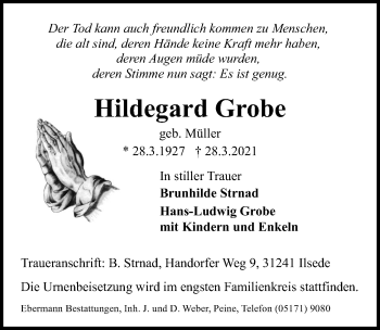Traueranzeige von Hildegard Grobe von Peiner Allgemeine Zeitung
