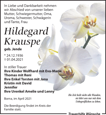 Traueranzeige von Hildegard Krauspe von Leipziger Volkszeitung