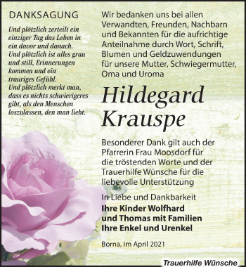 Traueranzeige von Hildegard Krauspe von Leipziger Volkszeitung