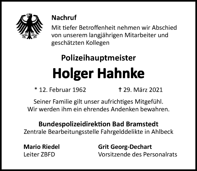  Traueranzeige für Holger Hahnke vom 17.04.2021 aus Ostsee-Zeitung GmbH