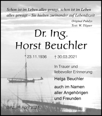 Traueranzeige von Horst Beuchler von Ostsee-Zeitung GmbH
