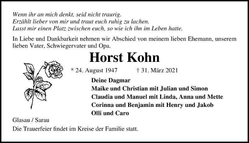  Traueranzeige für Horst Kohn vom 07.04.2021 aus Lübecker Nachrichten