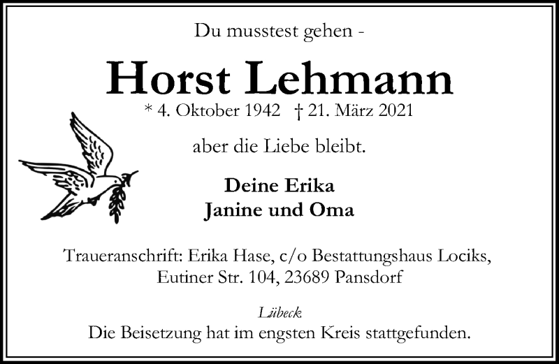  Traueranzeige für Horst Lehmann vom 18.04.2021 aus Lübecker Nachrichten