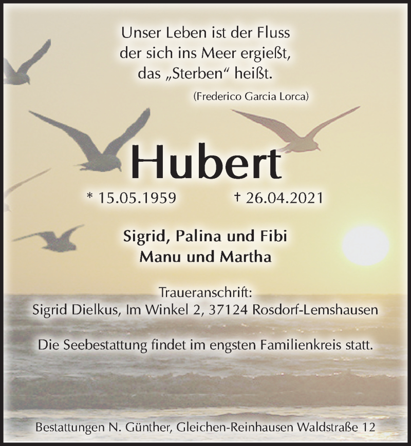  Traueranzeige für Hubert  vom 30.04.2021 aus Göttinger Tageblatt