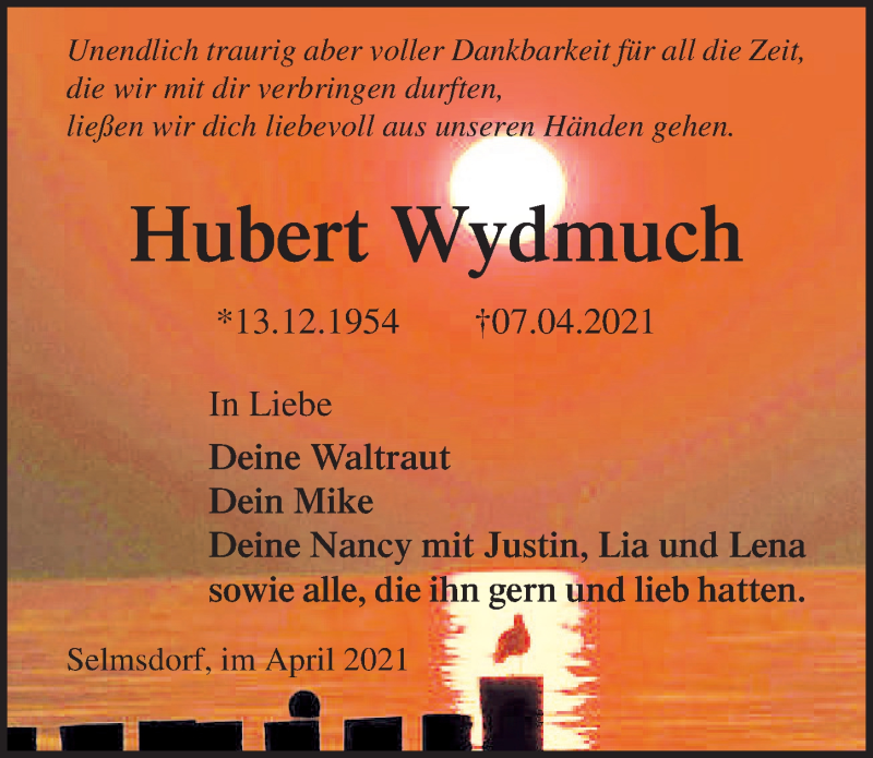  Traueranzeige für Hubert Wydmuch vom 10.04.2021 aus Ostsee-Zeitung GmbH