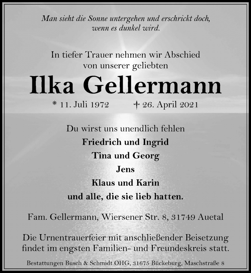  Traueranzeige für Ilka Gellermann vom 30.04.2021 aus Schaumburger Nachrichten