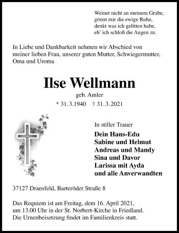 Traueranzeige von Ilse Wellmann von Göttinger Tageblatt