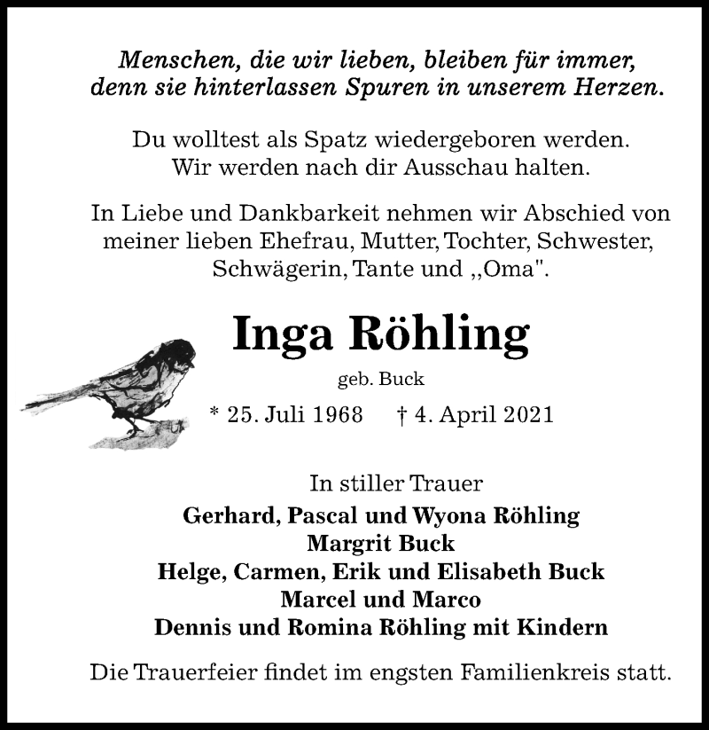  Traueranzeige für Inga Röhling vom 10.04.2021 aus Kieler Nachrichten