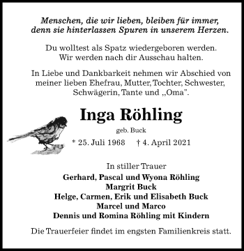 Traueranzeige von Inga Röhling von Kieler Nachrichten