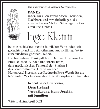 Traueranzeige von Inge Klemm von Märkischen Allgemeine Zeitung
