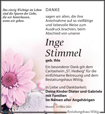 Traueranzeige von Inge Stimmel von Leipziger Volkszeitung