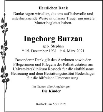 Traueranzeige von Ingeborg Burzan von Ostsee-Zeitung GmbH
