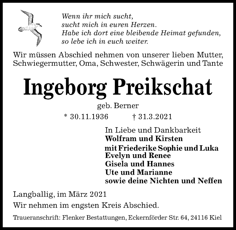  Traueranzeige für Ingeborg Preikschat vom 07.04.2021 aus Kieler Nachrichten