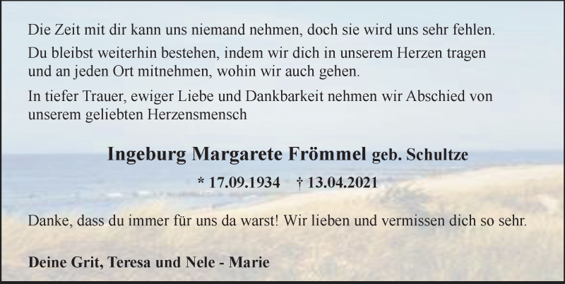  Traueranzeige für Ingeburg Margarete Frömmel vom 17.04.2021 aus Ostsee-Zeitung GmbH