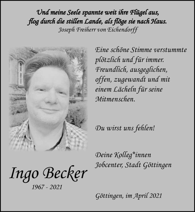  Traueranzeige für Ingo Becker vom 17.04.2021 aus Göttinger Tageblatt