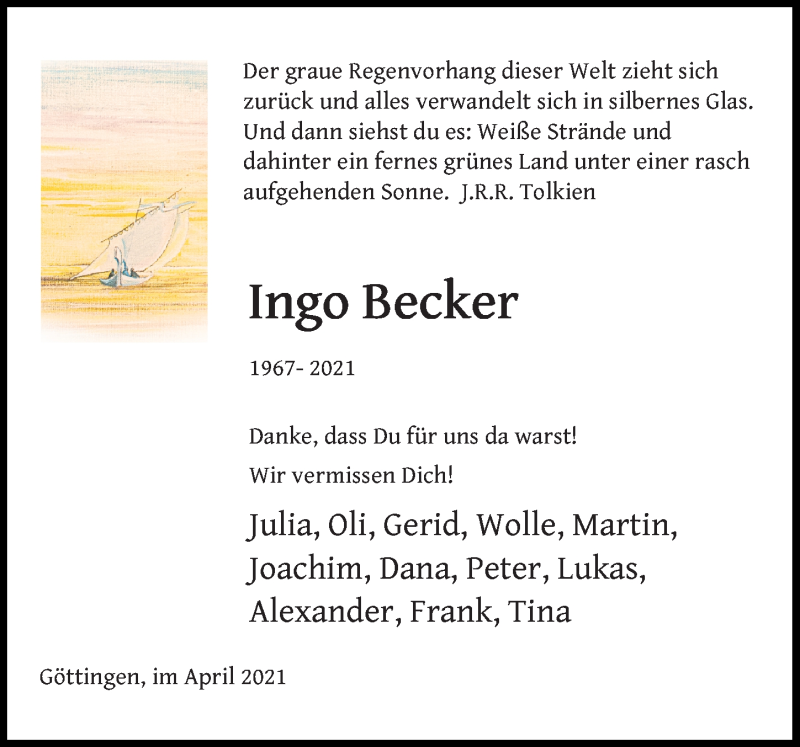  Traueranzeige für Ingo Becker vom 17.04.2021 aus Göttinger Tageblatt