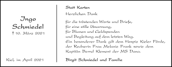 Traueranzeige von Ingo Schmiedel von Kieler Nachrichten