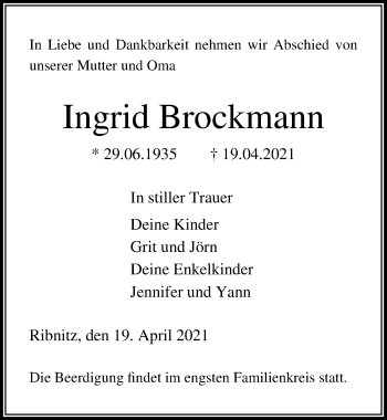 Traueranzeige von Ingrid Brockmann von Ostsee-Zeitung GmbH