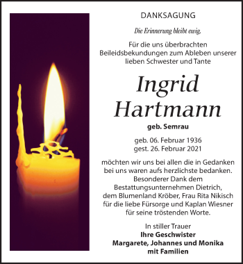 Traueranzeige von Ingrid Hartmann von Leipziger Volkszeitung