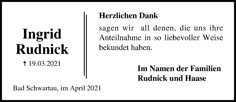  Traueranzeige für Ingrid Rudnick vom 25.04.2021 aus Lübecker Nachrichten