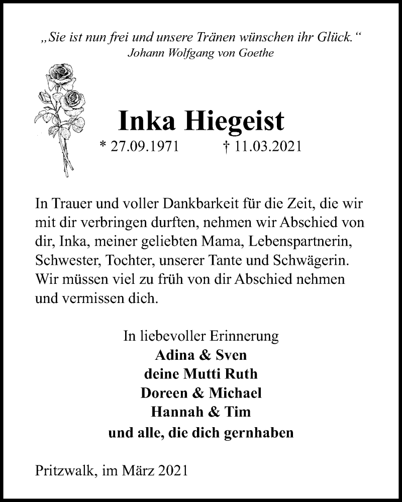  Traueranzeige für Inka Hiegeist vom 03.04.2021 aus Märkischen Allgemeine Zeitung