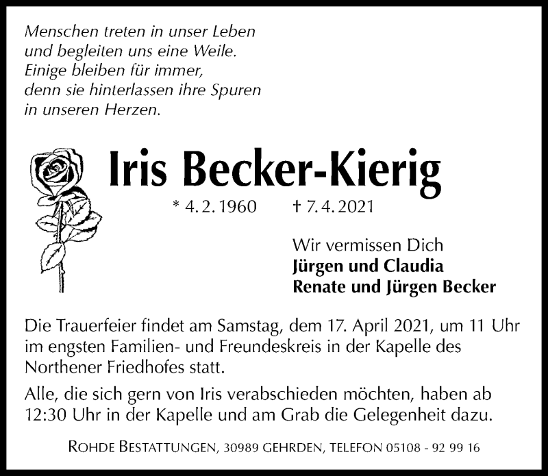  Traueranzeige für Iris Becker-Kierig vom 14.04.2021 aus Hannoversche Allgemeine Zeitung/Neue Presse