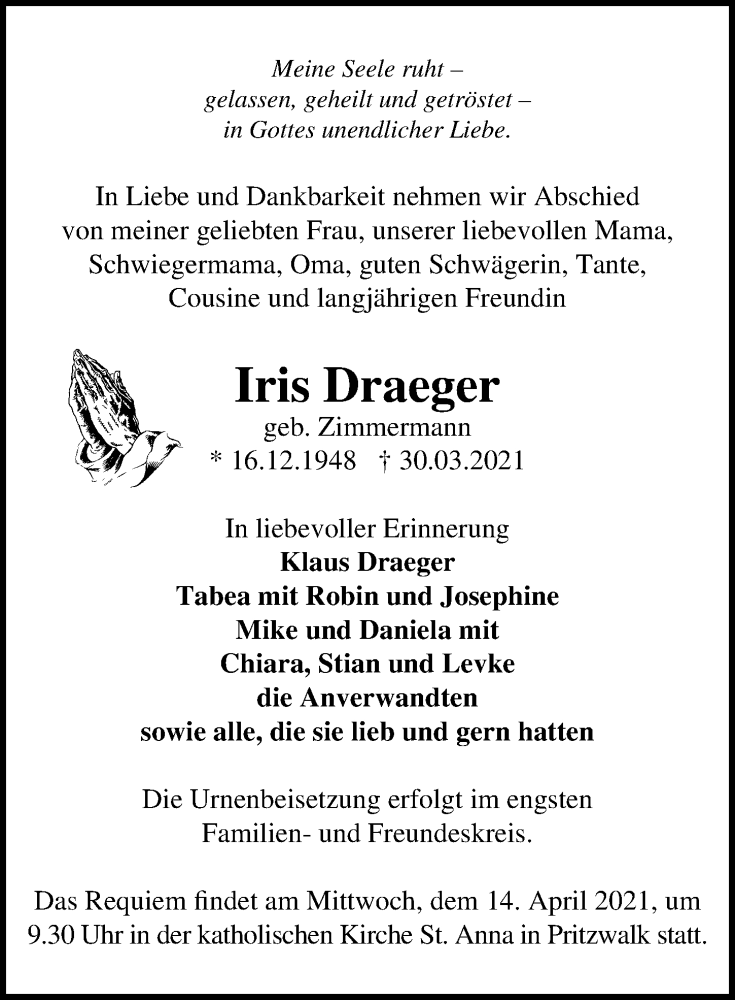  Traueranzeige für Iris Draeger vom 07.04.2021 aus Märkischen Allgemeine Zeitung