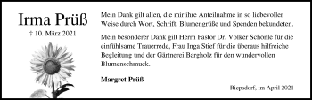 Traueranzeige von Irma Prüß von Lübecker Nachrichten