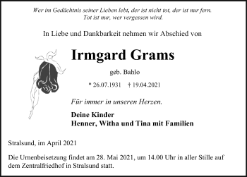 Traueranzeige von Irmgard Grams von Ostsee-Zeitung GmbH