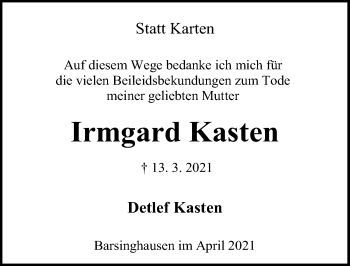 Traueranzeige von Irmgard Kasten von Hannoversche Allgemeine Zeitung/Neue Presse