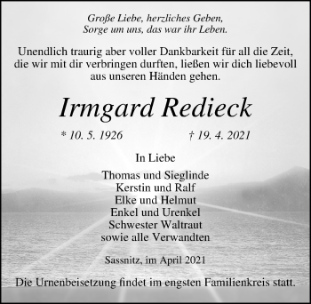 Traueranzeige von Irmgard Redieck von Ostsee-Zeitung GmbH
