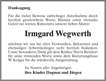 Traueranzeige von Irmgard Wegwerth von Märkischen Allgemeine Zeitung