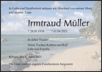 Traueranzeige von Irmtraud Müller von Ostsee-Zeitung GmbH