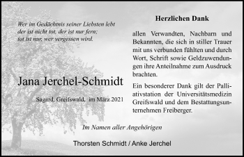 Traueranzeige von Jana Jerchel-Schmidt von Ostsee-Zeitung GmbH